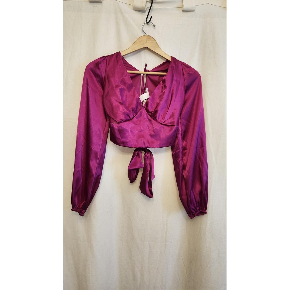 12th Tribe Blouse Womens S Pink Satin V Neck Balloon Sleeve Tie Back Crop Top